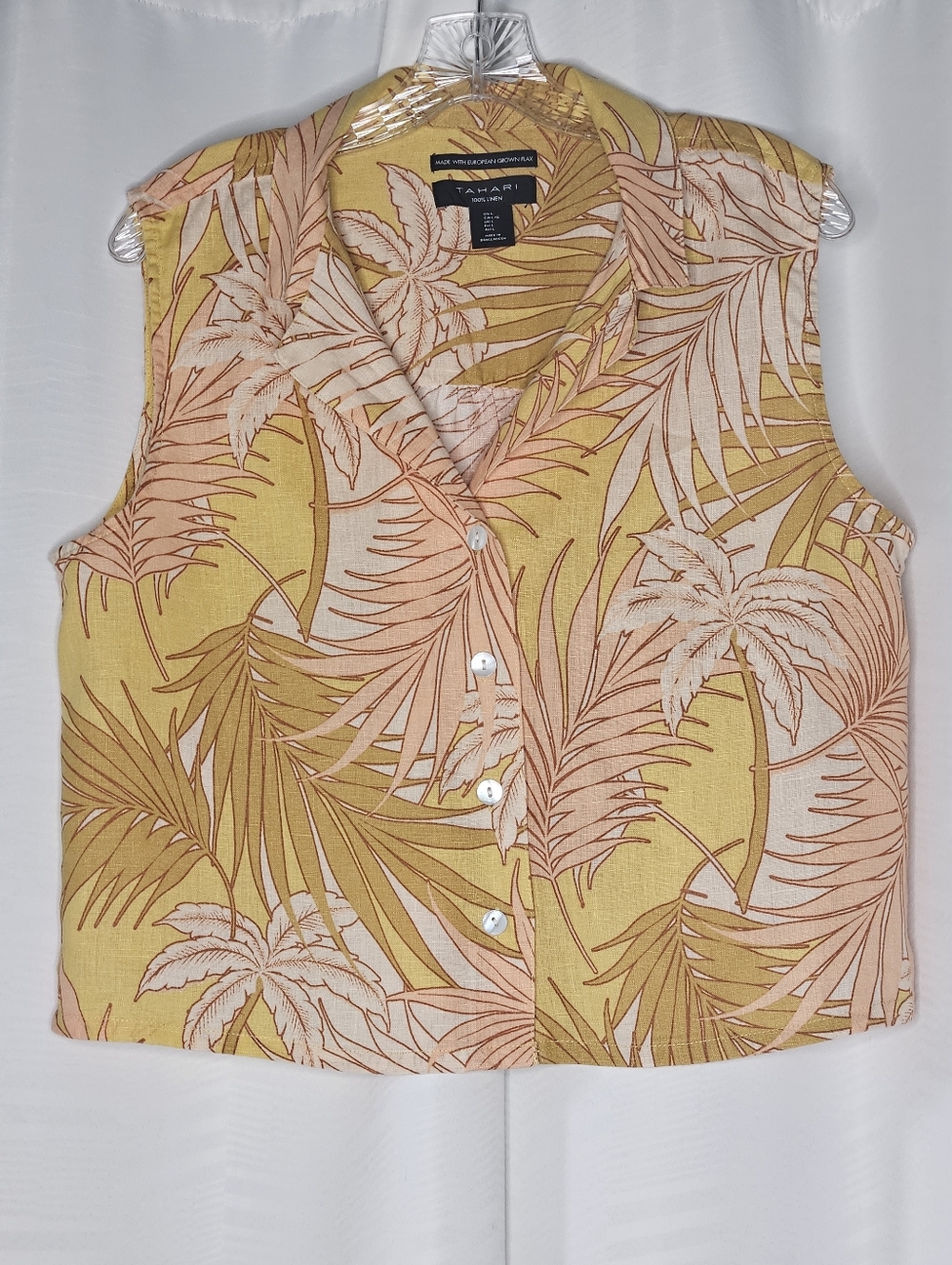 Tahari peach & sage linen button up sleeveless cropped shirt size L